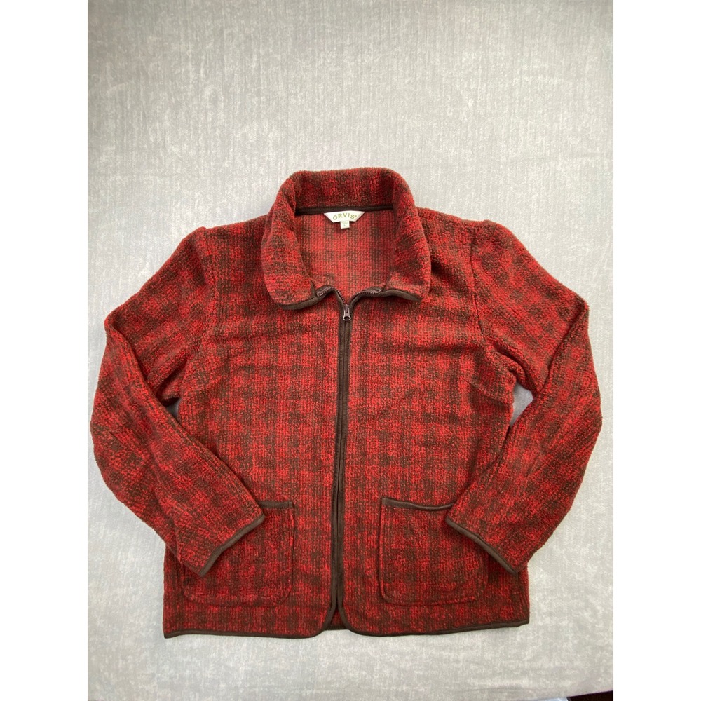 Orvis Womens Full Zip Fleece Jacket Red Brown Plaid Pocket Large L